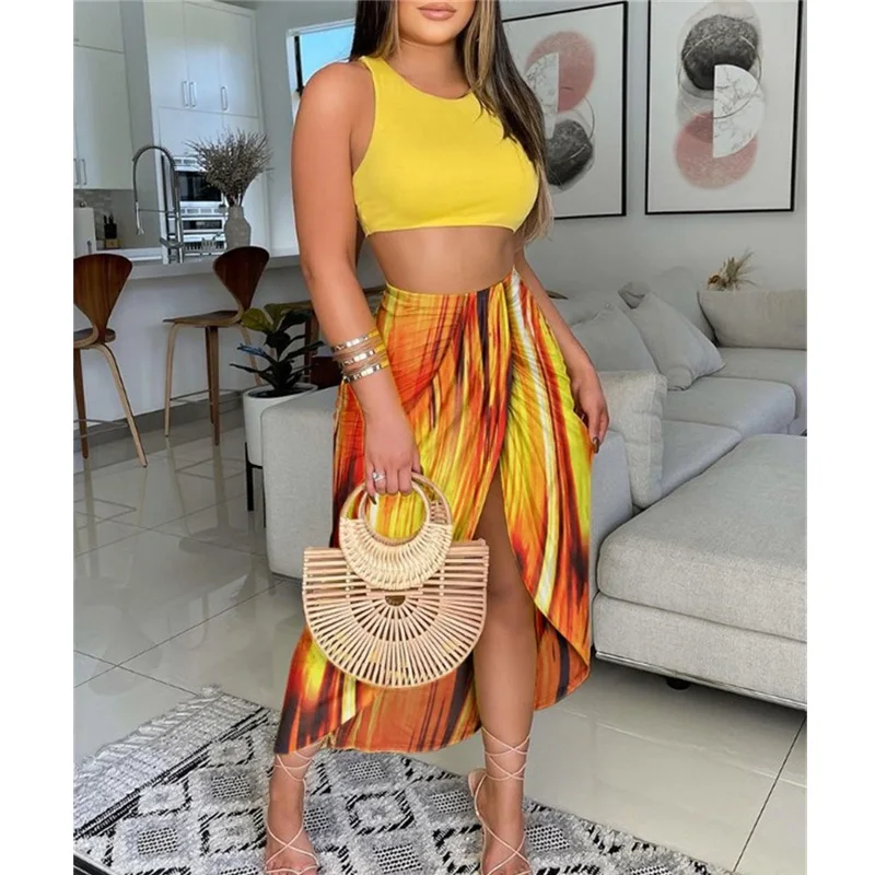 

2021 New Fashion Women Summer Beach Two Piece Set Round Neck Plain Tank Crop Top & High Slit Maxi Skirt Set