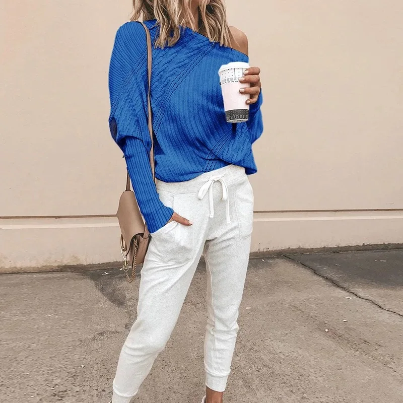 Женский свитер с открытыми плечами однотонный Белый Свободный вязаный пуловер