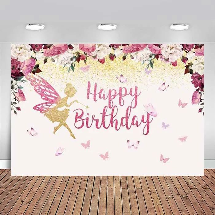 Fairy Princess Birthday Backdrop Butterfly Party Floral Banner Girls Bday Cake Table Decorations Photo Booth Studio Props