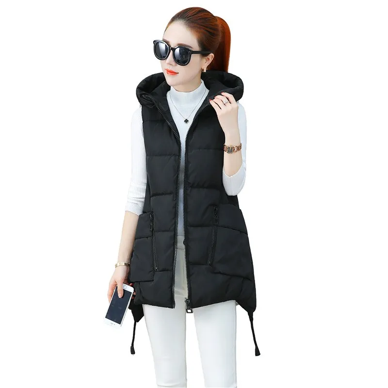 

Autumn Style Cotton Vest Women Korean Slim Hooded Warm Mid-length Cotton Vest Fashion Casual Waistcoat Hooded Mid-length Jacket