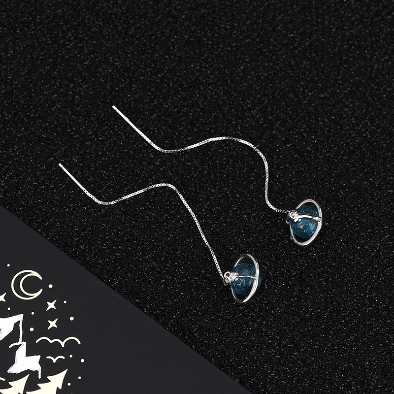 

100% Real 925 Sterling Silver Drop Earrings for Women Blue Saturn Star Long Tassel Ear Line Engagement Jewelry Accessories