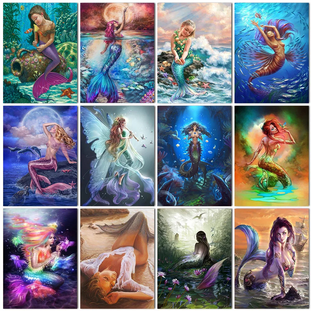 Diamond Painting Figure Mermaid Animal Fishes Square Diamond Round Diamond Decoration Customizable Wall Art Decoration Frameless