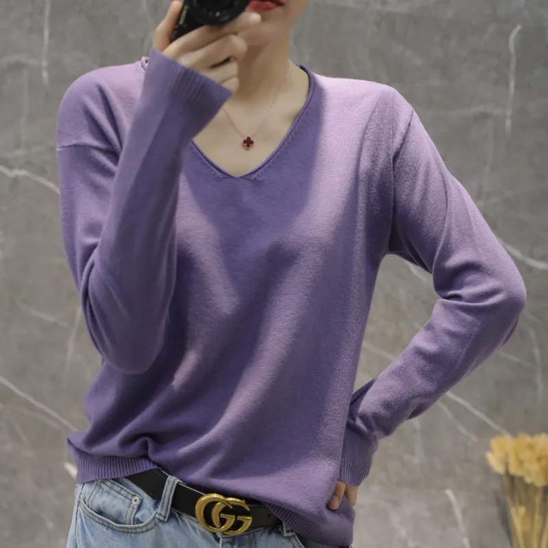

2020 Autumn Thin Pullover Sweater Solid V-neck Long Sleeve Short Slim Fashion Elegant Jumpers Knitted Top New chompas para mujer