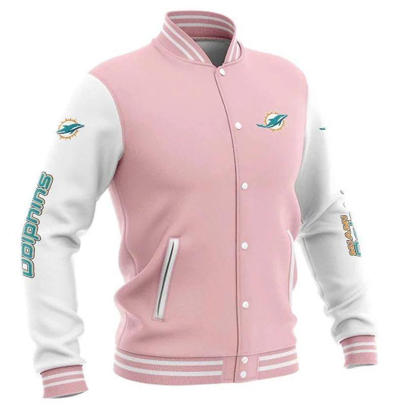 

American Size Men'S Baseball Jacket Sports Outdoor Coat Dolphins Blue Casual White Sleeve Pilot Buckle Jersey