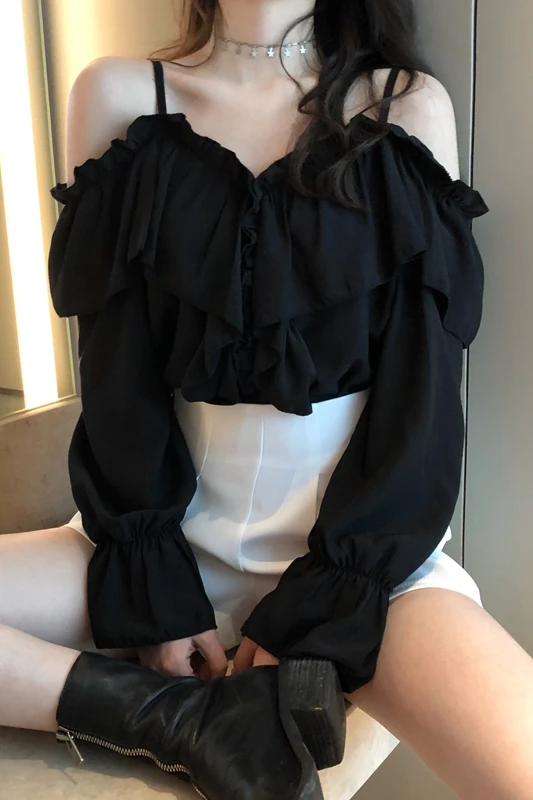 

Strap Shirt Retro Ruffled Off-shoulder Top Trendy Loose 2021 Summer New Female Korean Version Long-sleeved Suspender Blouse