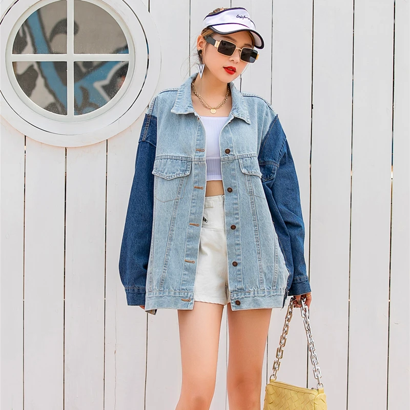 

Spring new European station heavy industry hot drill bead stitching contrast color loose denim jacket retro denim clothes women