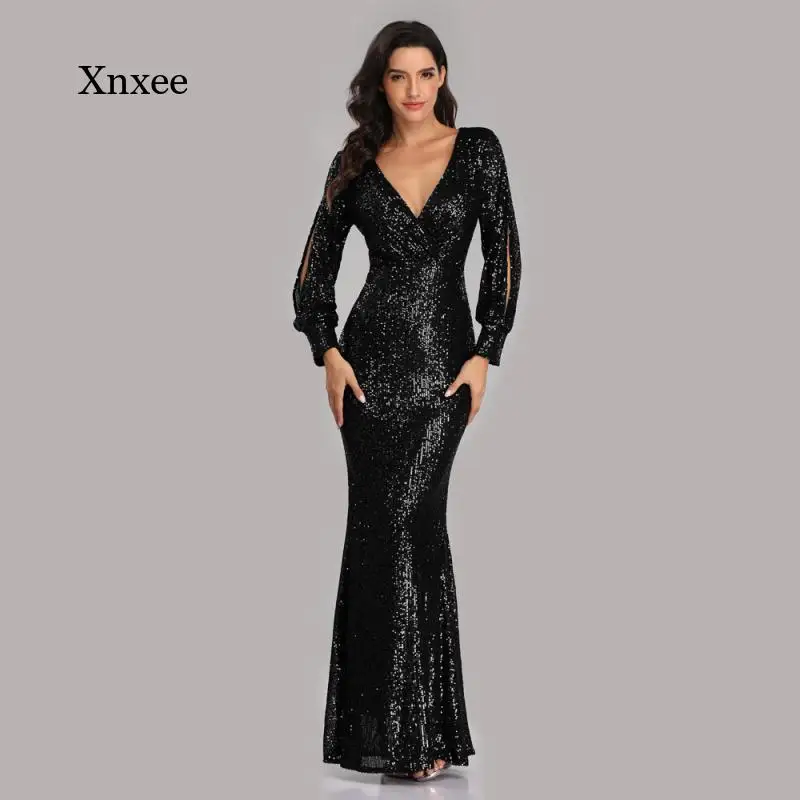 

2021 Women's Sexy V-Neck Mermaid Evening Dress Long Prom Evening Dress Full Sequined Long Sleeve Dress