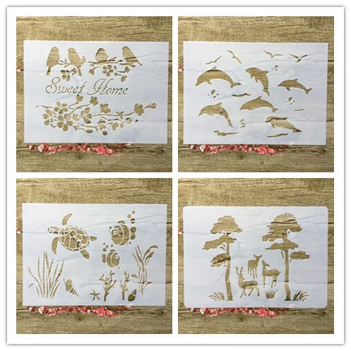 4pcs / set A4 Animal plant flowers Balloon DIY Layered Stencils Painting Scrapbook Coloring Decorative Template
