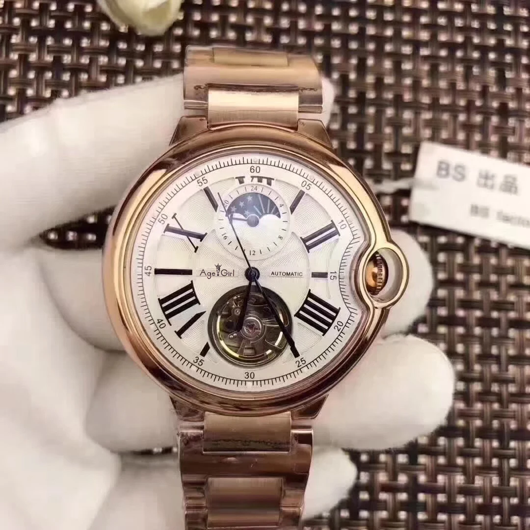 Rose Gold White Роскошные брендовые новые автоматические мужские механические часы синий черный кожаный розовое золото прозрачный MoonPhase часы Tourbillion Белый AAA - Цвет: Rose Gold White
