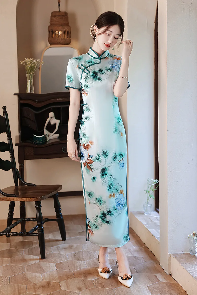 

Традиционное китайское женское платье-Ципао с цветочным принтом, пикантное облегающее платье-Ципао, элегантное винтажное вечернее платье ...