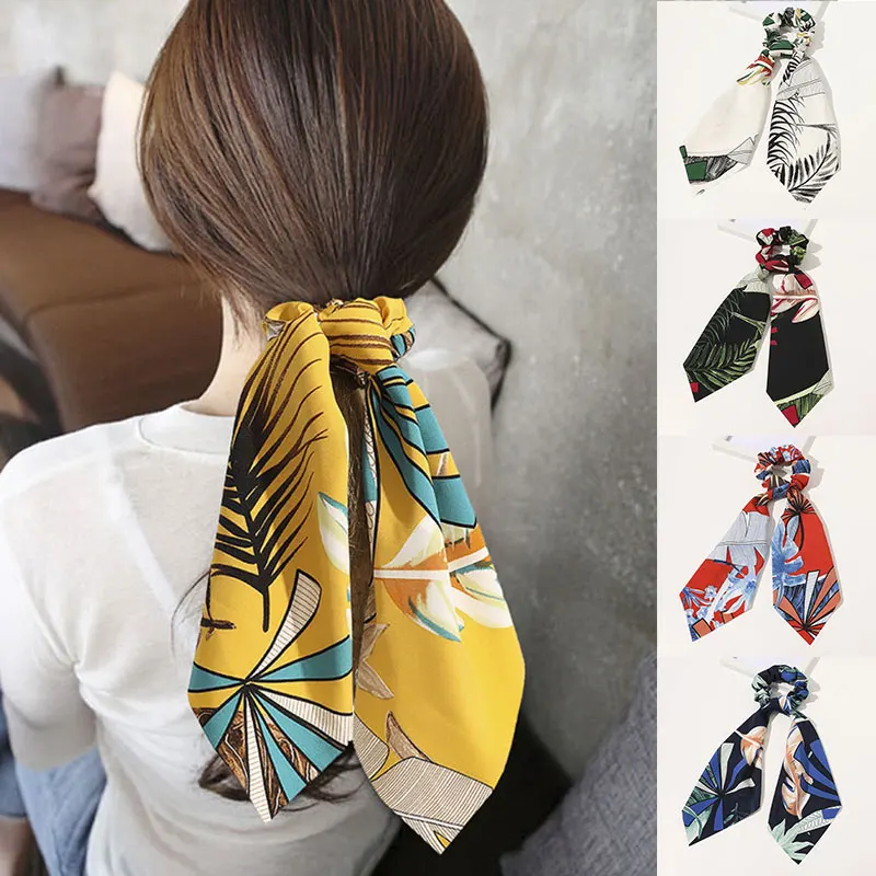 

Fashion Ribbon Hair Scrunchie Women Summer Leaf Printed Rubber Bands Girls Ponytail Holder Hair Accessories Elastic Hair Bands