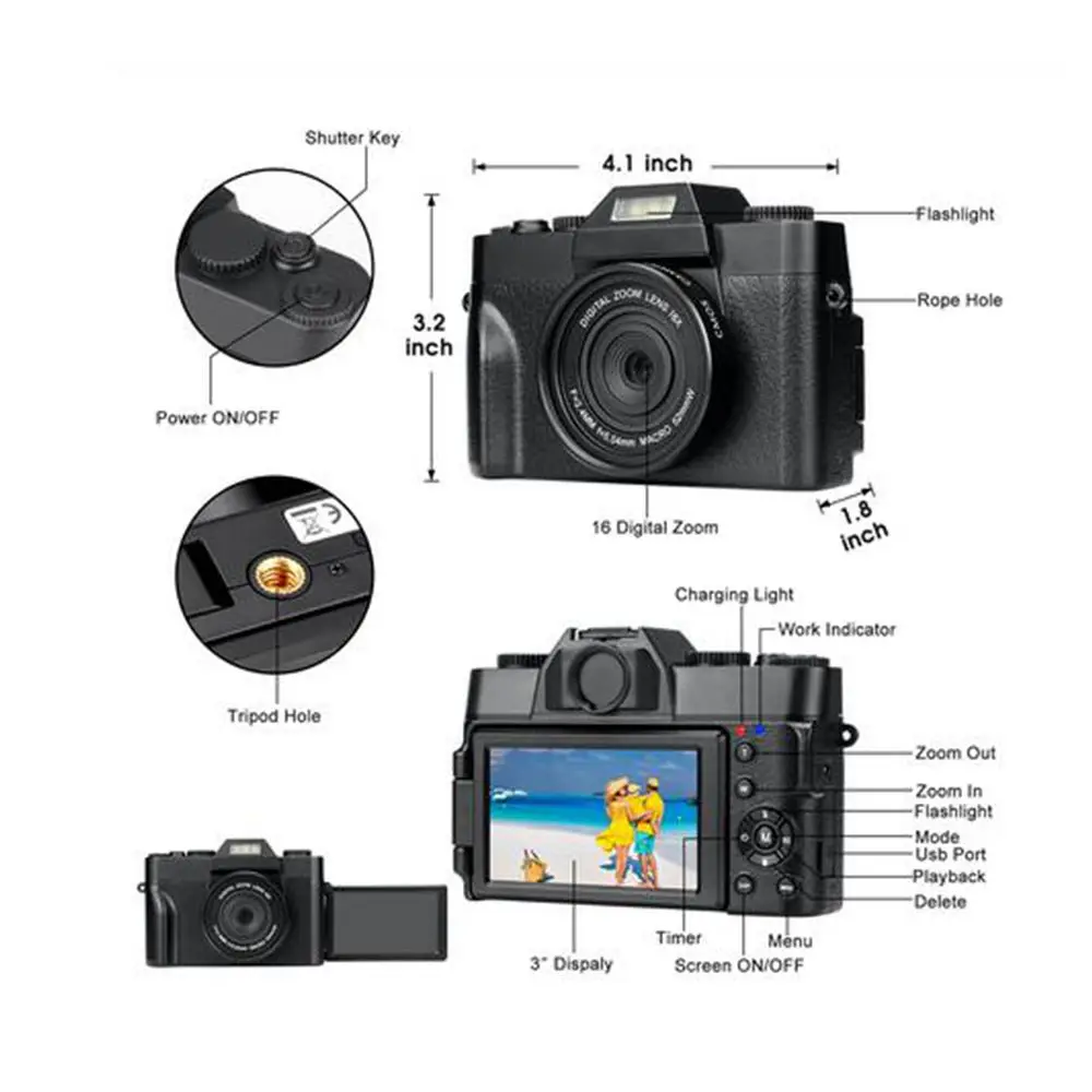 4K Digital Camera Video Vlogging Camcorder for YouTube WIFI Portable Handheld 16X Digital Zoom 30MP HD Nightvision Selfie Camera