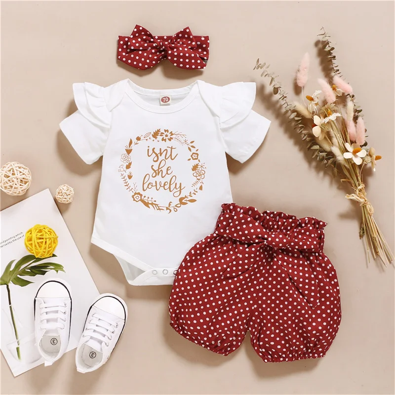 

Summer Baby 3Pcs Suit Newborn Baby Girls Ruffles Letter Print Bodysuit Romper+Dot Shorts+Headbands Outfits Fashion Kids Clothes