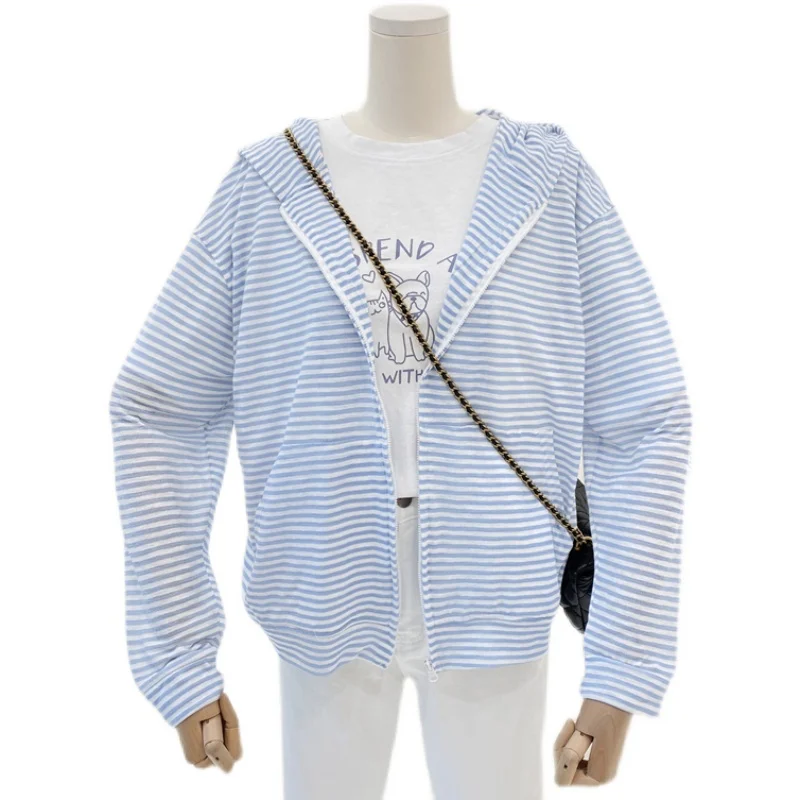 

Thin Sun Protection Shirt Women's Spring Summer Versatile Loose Large Size Jacket Female Striped Hooded Zipper Coat
