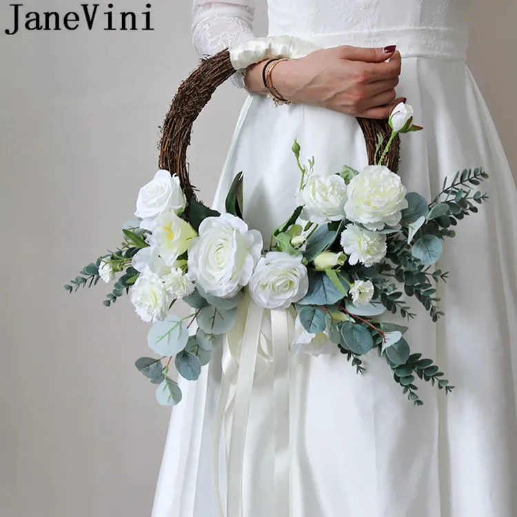 JaneVini Artificial Wedding Flowers Bridal Bouquets Accessories White Bride Flower Wreath Pink Peonies Garland Round Bouquet | Свадьбы и