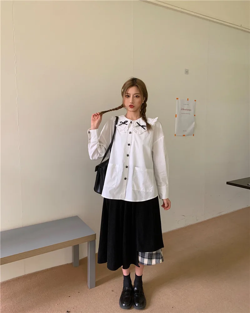 

Korean Autumn New Kawaii Soft Girly Shirt Sweet Peter Pan Collar Ruffles Bow Vintage Full Sleeve Pocket Solid White Blouse Shirt