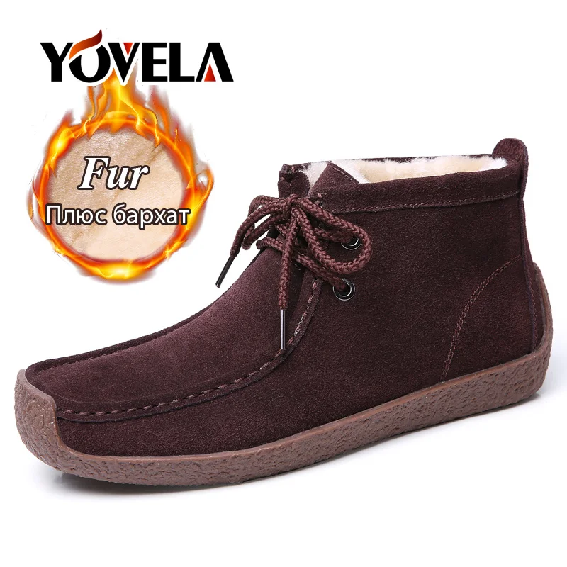Зимние женские плюшевые ботинки на плоской подошве замшевые кожаные удобные