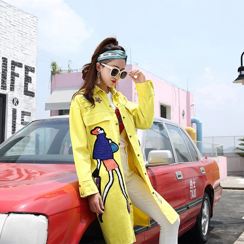 Женский Осенний хлопковый джинсовый Тренч желтое повседневное винтажное пальто