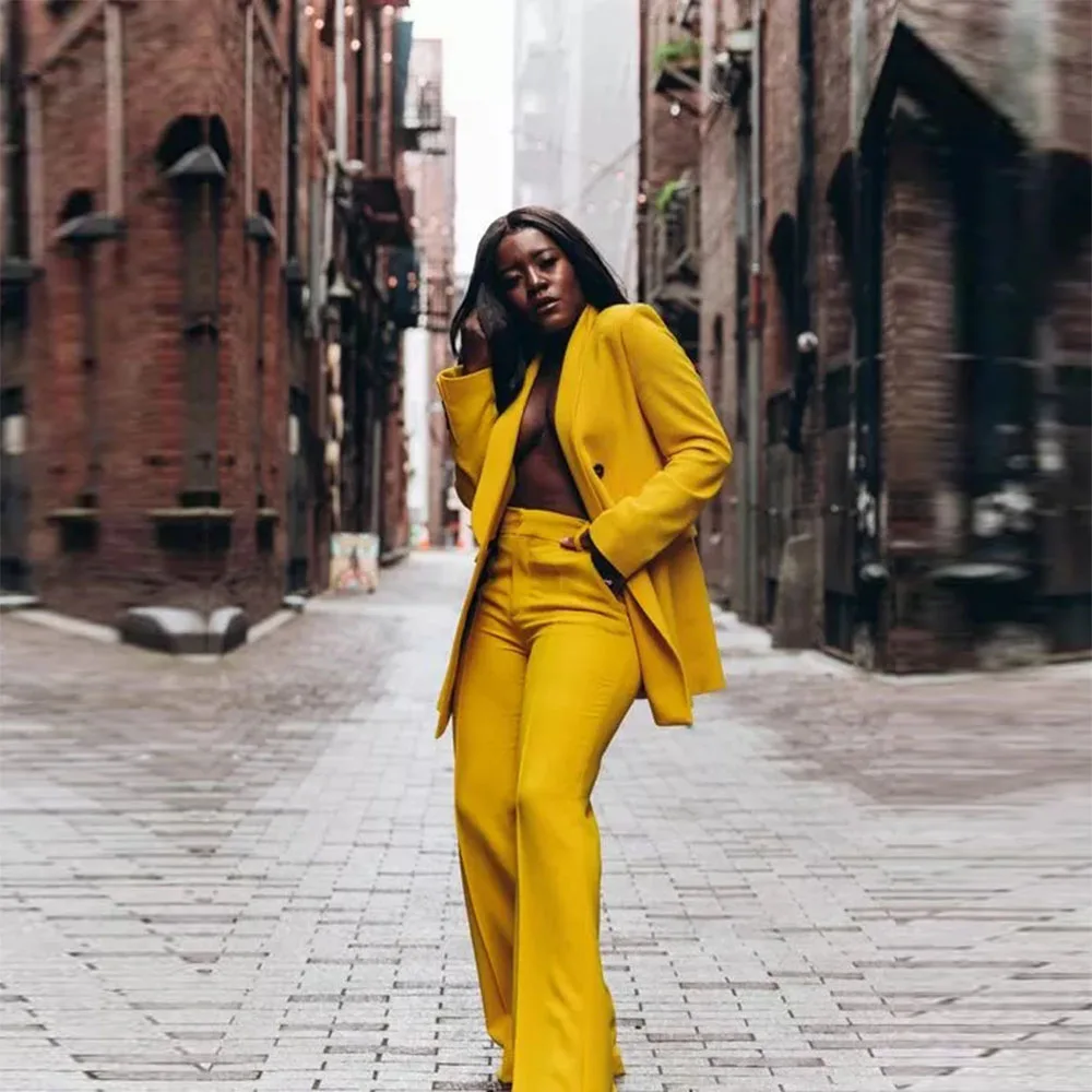 Fashion Yellow Mother Of The Bride Double Breasted Suits Women Ladies Plus Size Office Tuxedo Formal Work Wear For Wedding Party