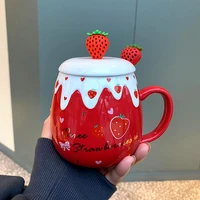 400ml cute ceramic mug with lid spoon creative large capacity strawberry water cups home milk breakfast coffee cup girl gifts