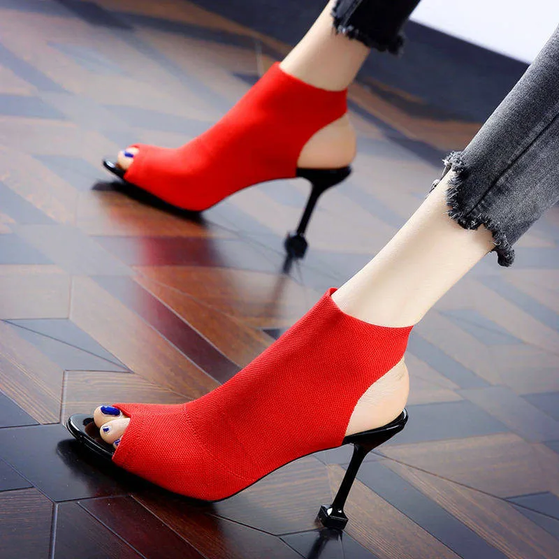 

2020 New Summer shoes Mesh Peep Toe High Heel sandals women woman Thin Heels Slip-On Open Toe female shoes