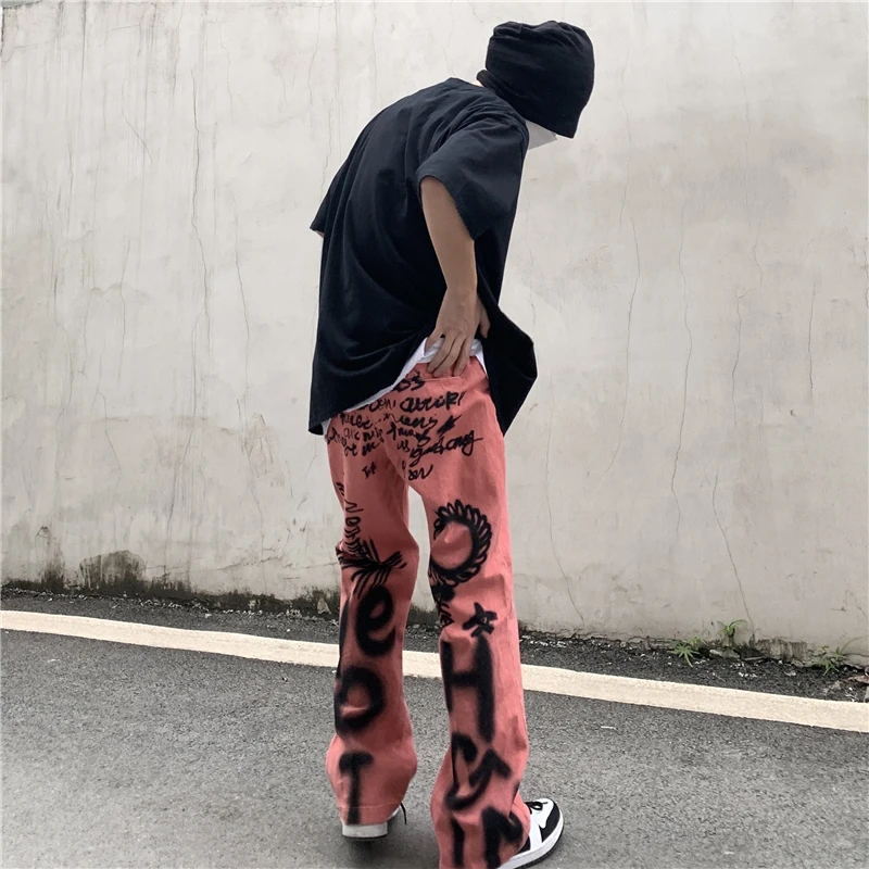 

Punk pants Letter graffiti jeans for men Hip Hop streetwear men biker jeans Loose streetwear women jeans T2-A212