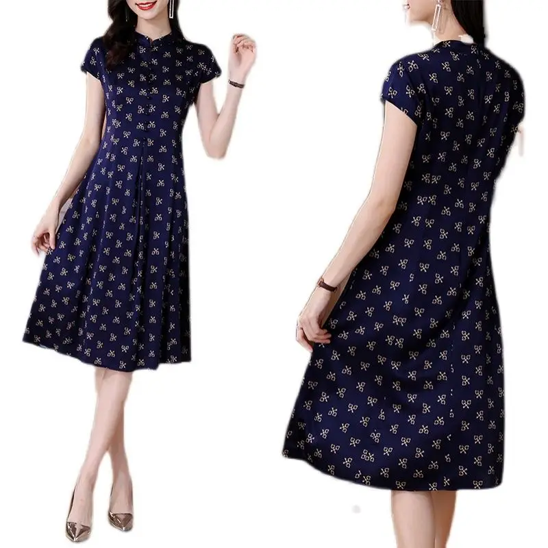 

High End Retro Dress Women's New Summer Slim Floral Dress Temperament Medium Length Lady Mulberry Silk Dress
