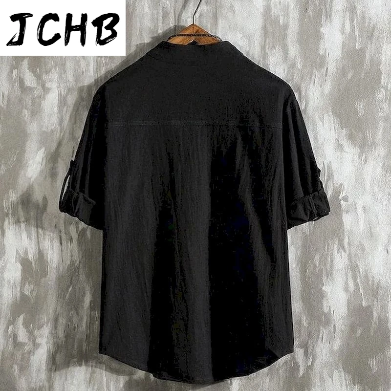 

2021 Shirt Men Summer Linen Short-sleeved Korean Version of the Trend of Large-sleeved Fat Casual Loose Solid Color Shirt Jacket