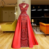 arabic red mermaid evening dresses with detachable train vintage middle east muslim high neck prom party gowns 2022