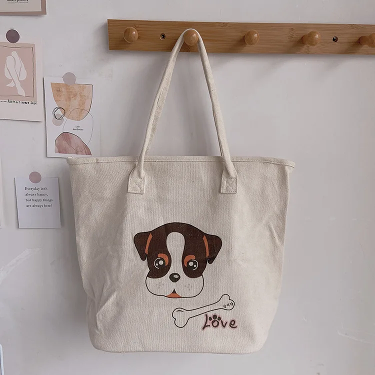 

Cartoon puppy print canvas shouder bags daily necessities shopping bag handbag large capacity