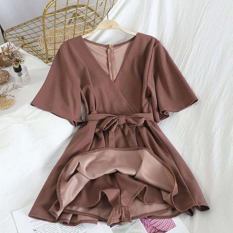 Женское платье с высокой талией повседневное однотонное v-образным вырезом и