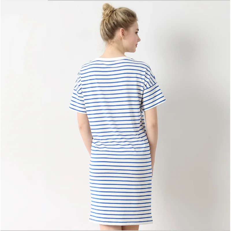 Summer Female Casual striped Nighty dress Ladies Mo Cotton Nightgown Women O-neck collar Short Sleeve Plus size sleepshirt | Женская
