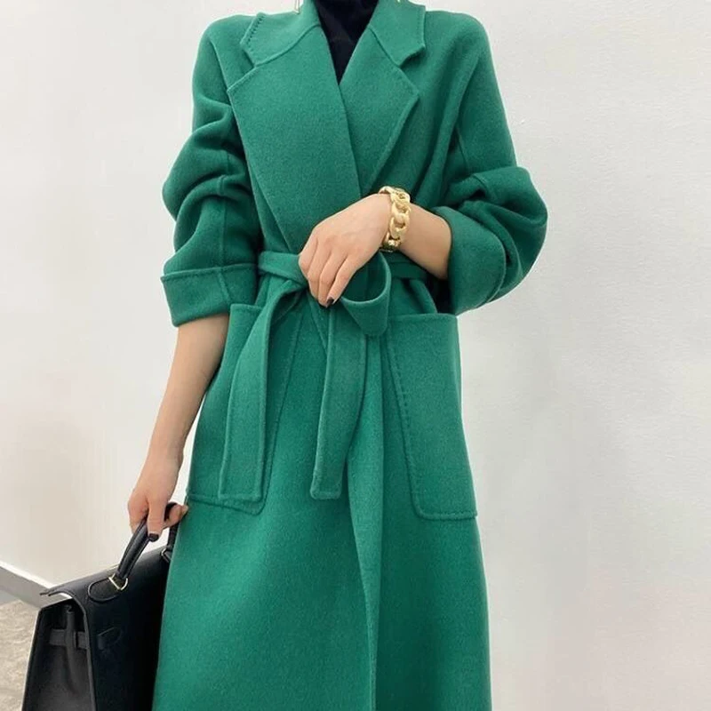 

2021 Autumn Winter New Women Chic Wool Coat With Belt Fashion Long Sleeve Solid Color Long Overcoat Female Casual Warm Outwear