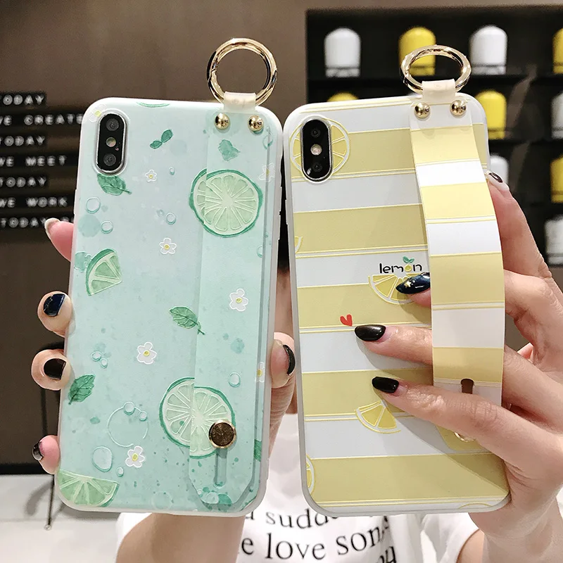 

3D Emboss Lemon Wrist Strap Phone Holder Case for Carcasa iPhone 11 Pro Max 7 Plus 8 6 6s X XS XR Xs Max Funda TPU Flower Cover