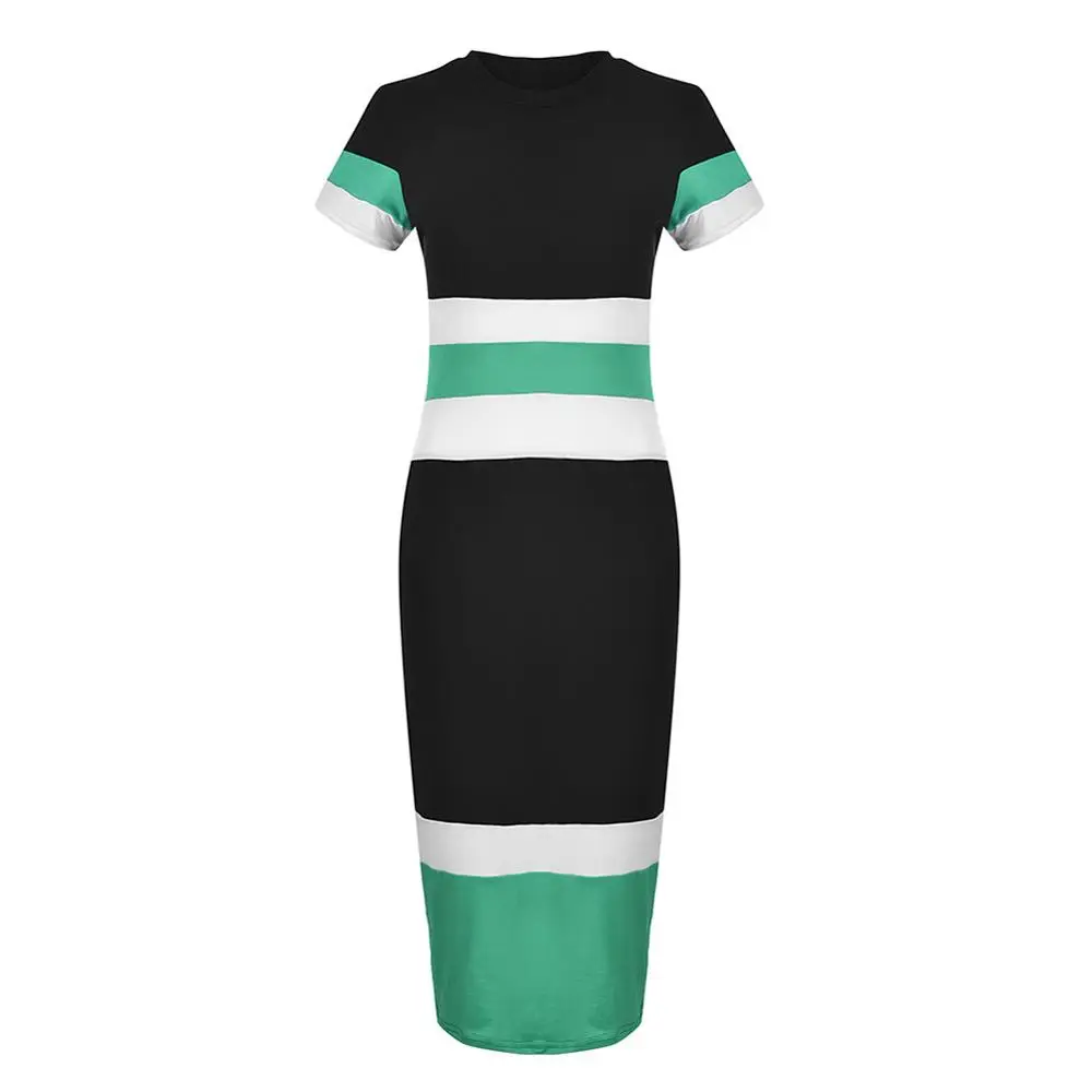 Green XL Летнее офисное женское модное платье в полоску с коротким рукавом, облегающее платье миди - Цвет: Green XL