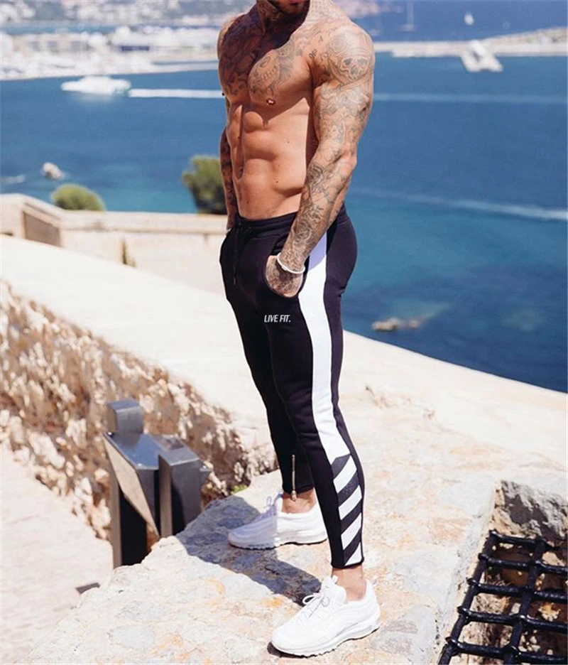 Мужские хлопковые тренировочные брюки с полосками по бокам облегающие штаны для