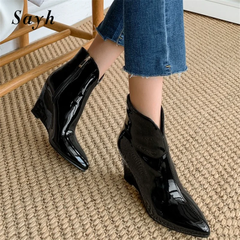 

Winter Women Ankle Boots/Knee High Boots Zipper Wedge Heels Patent Leather Runway Sexy Boots Shoes Size