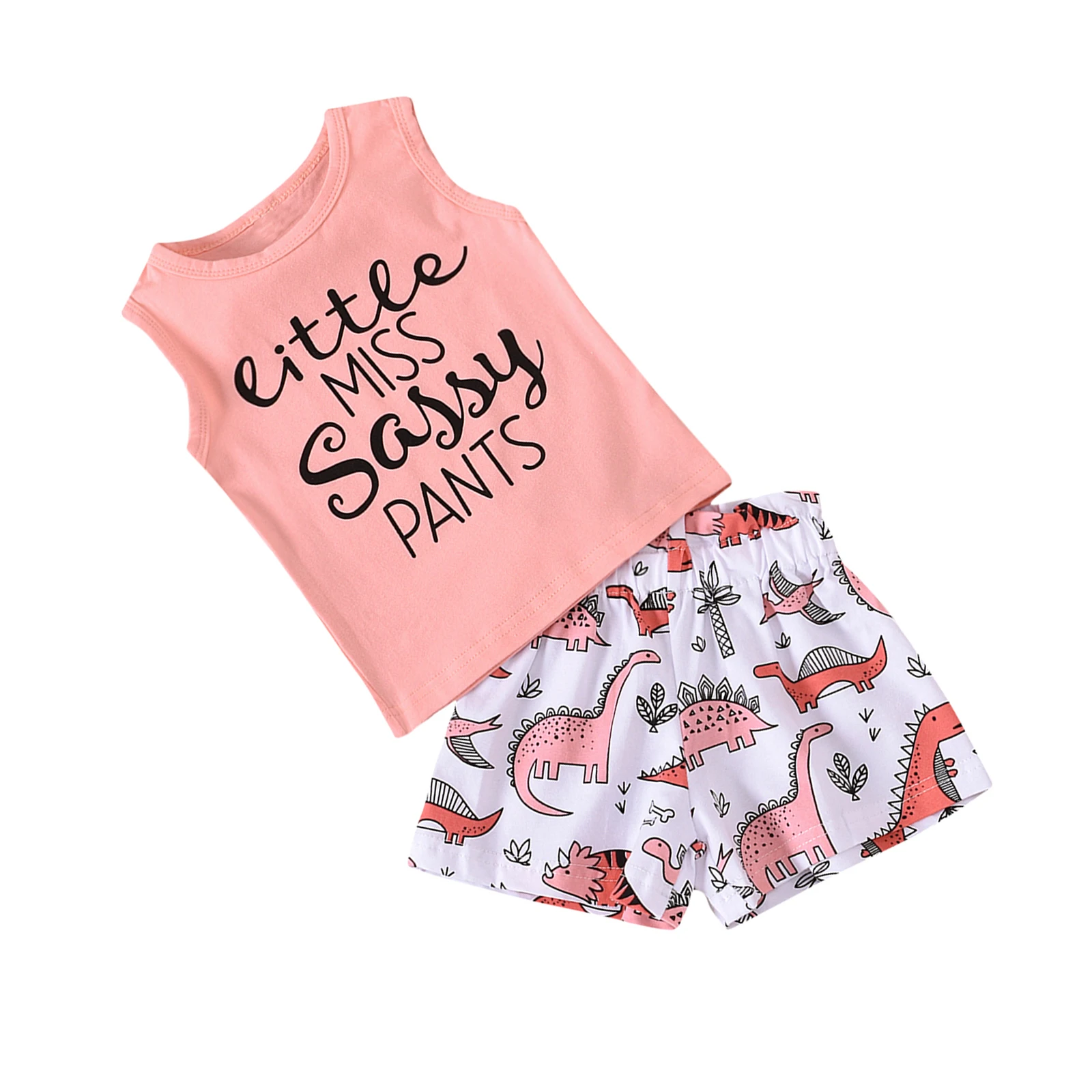 

1-5Y Kids Girl Dinosaur letter Outfits Sleeveless T-Shirt Vest Elastic Shorts 2pcs Loungewear