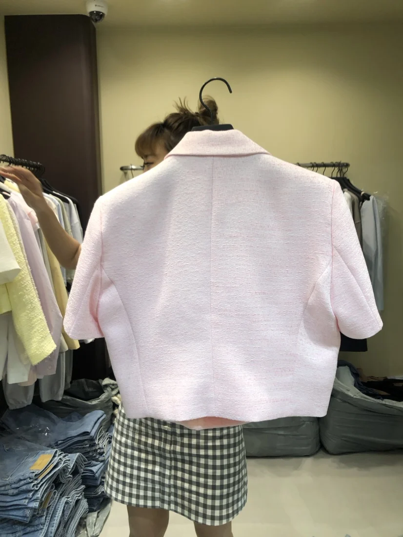 

Women Sweet Double Breasted Notched Collar Pink Tweed Woolen Short Blazer Coat Vintage Female Outerwear Chic Tops Dropshipping