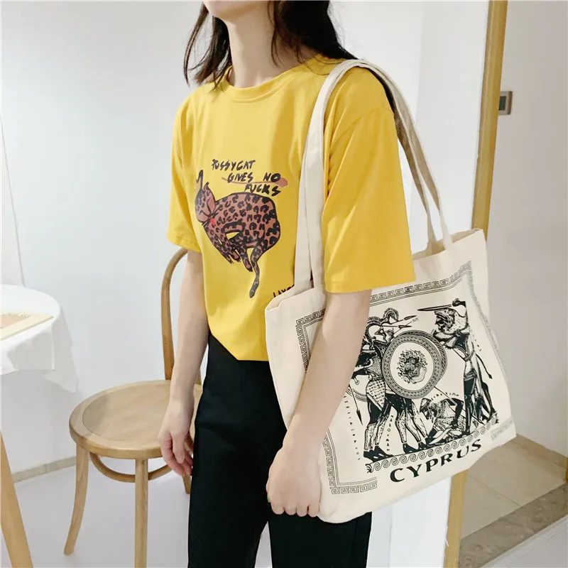 

Women Canvas Shoulder Bag Greek illustration Cyprus Female Vintage Cotton Cloth Handbag Totes Eco Simple Shopping Bag For Girls