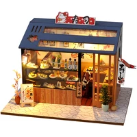 diy wooden dollhouse assembled sushi dessert shop miniature with furniture doll house casa toys for children adult gifts