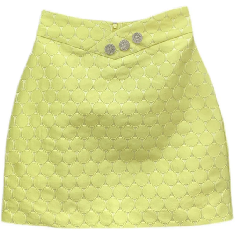 

Rhinestone Buttons High Waist Mini Skirts Womens Korean Style Package Hip Temperament Ladies Yellow Dot Skirt Femme Jupe