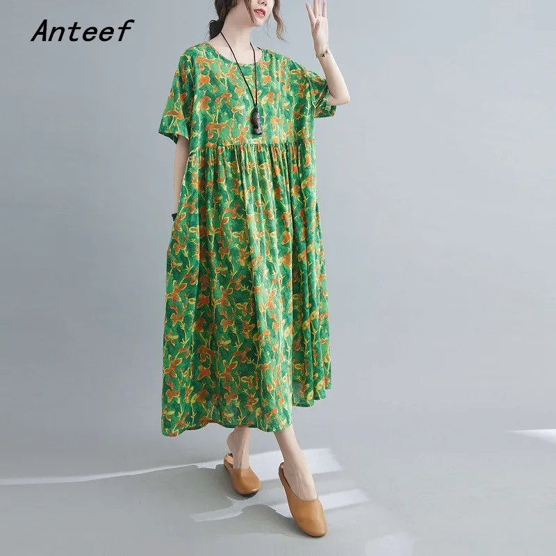 

short sleeve cotton vintage floral dresses for women casual loose long summer dress elegant clothes 2021 sundress