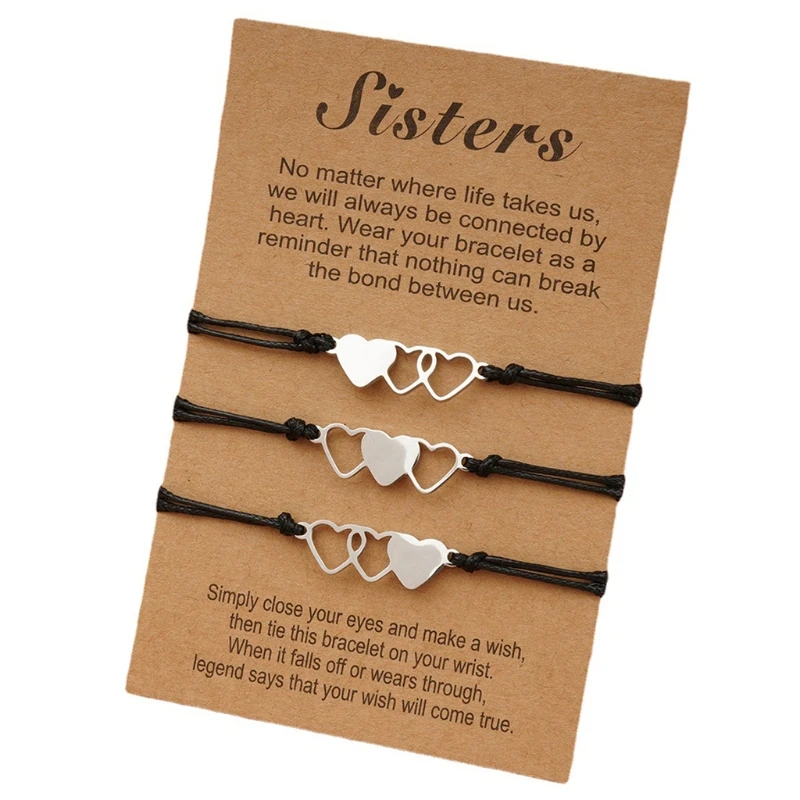 3 Pcs Matching Heart Sister Card Bracelet Stainless Steel Handmade Braided Charm Friendship Jewelry Gifts for Girls Wo | Украшения и