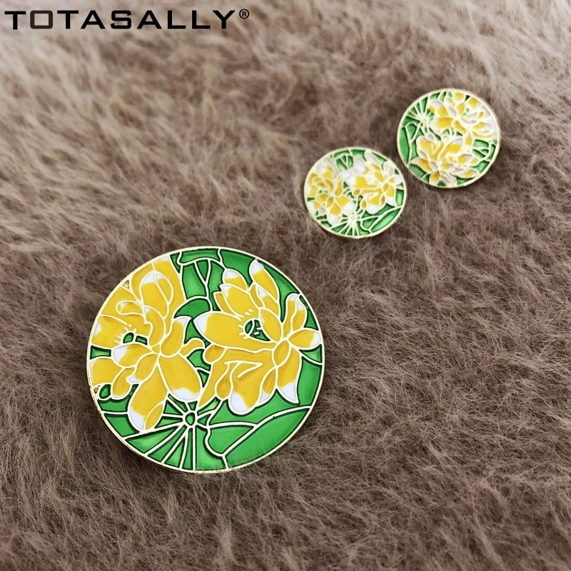 

TOTASALLY Women Brooches Earring set Beautiful Enamel Lotus Statement Earrings & Pins Girl's Costume Jewelry Dropship