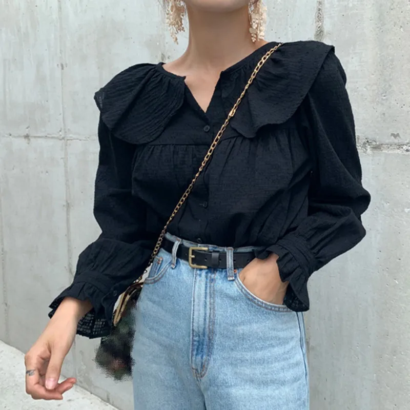 RICININA воротник Питер Пэн черная блузка для женщин длинный рукав фонарик оборки