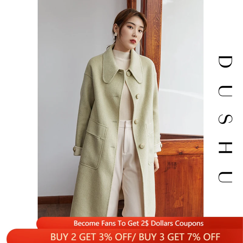 

DUSHU Plus Size Winter 100% Wool Coat Women Green Knitted Cashmere Long Coat Female Blend Elegant Oversized Jacket Overcoat 2020