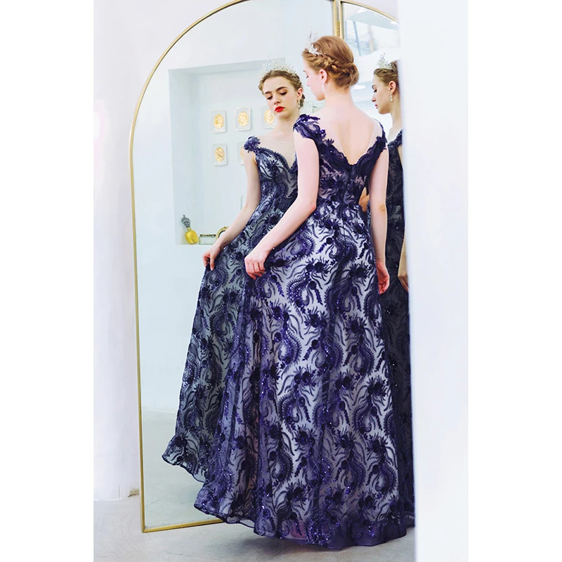 SSYfashion темно синее длинное вечернее платье с v образным вырезом без рукавов длиной