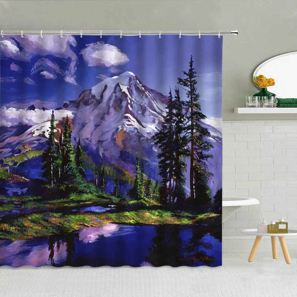 

Winter Snow Mountain Landscape Shower Curtain Set Forest Blue Sky Sun Green Plants Bathroom Decor Nature Scenery Fabric Curtains