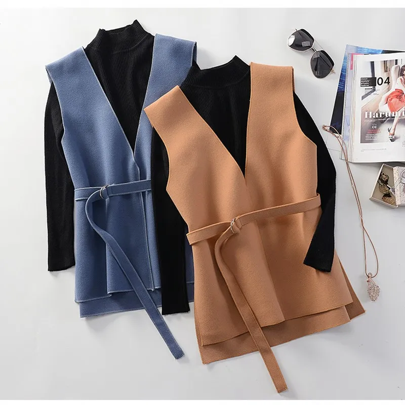 

Sleeveless Vest Women Autumn Women Belt Vest V neck Slim Plus size Tops Outerwear Coat Waistcoat chalecos para mujer